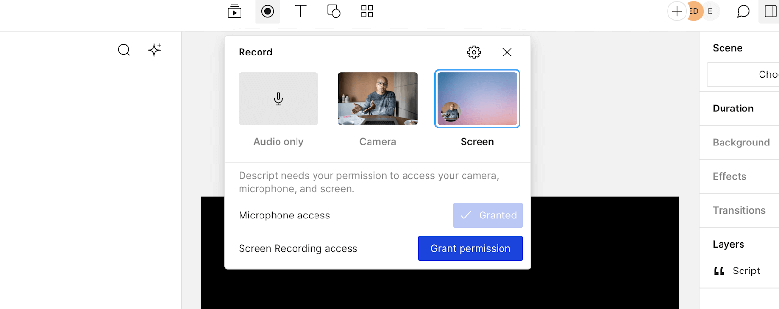 Opening Descript screen recorder