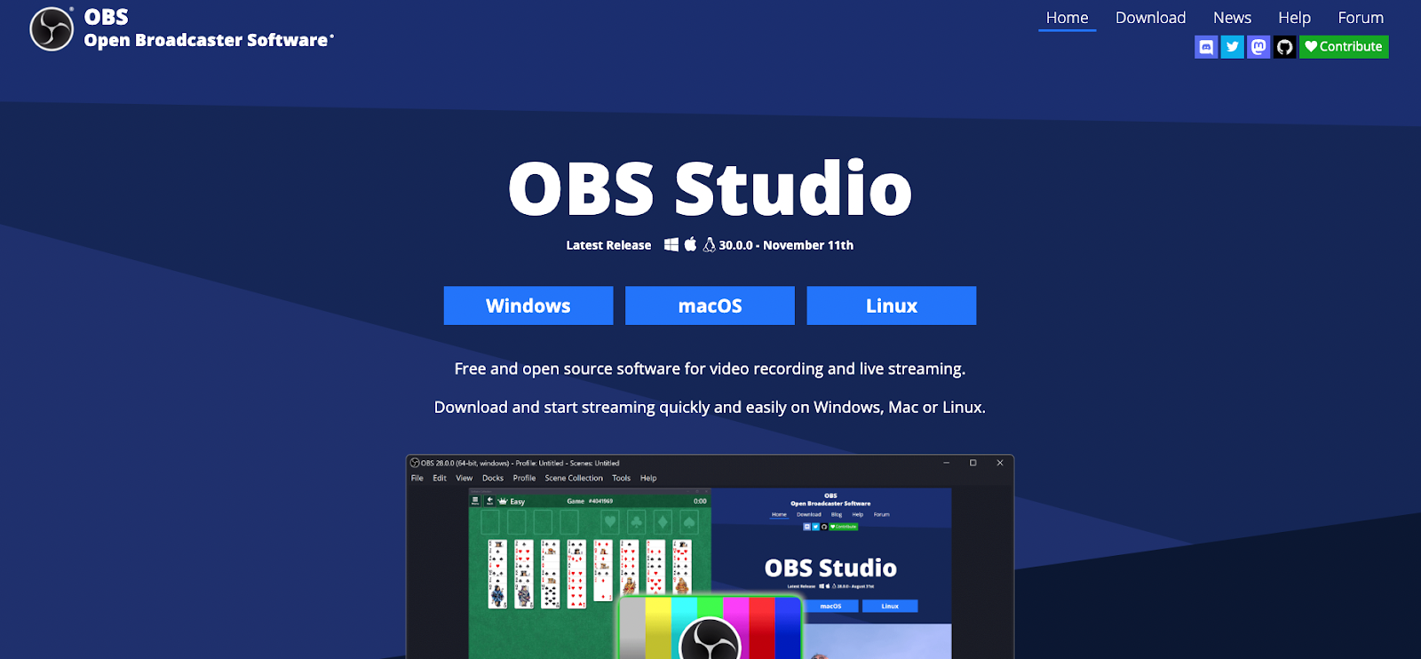 Image of OBS Studio’s website homepage