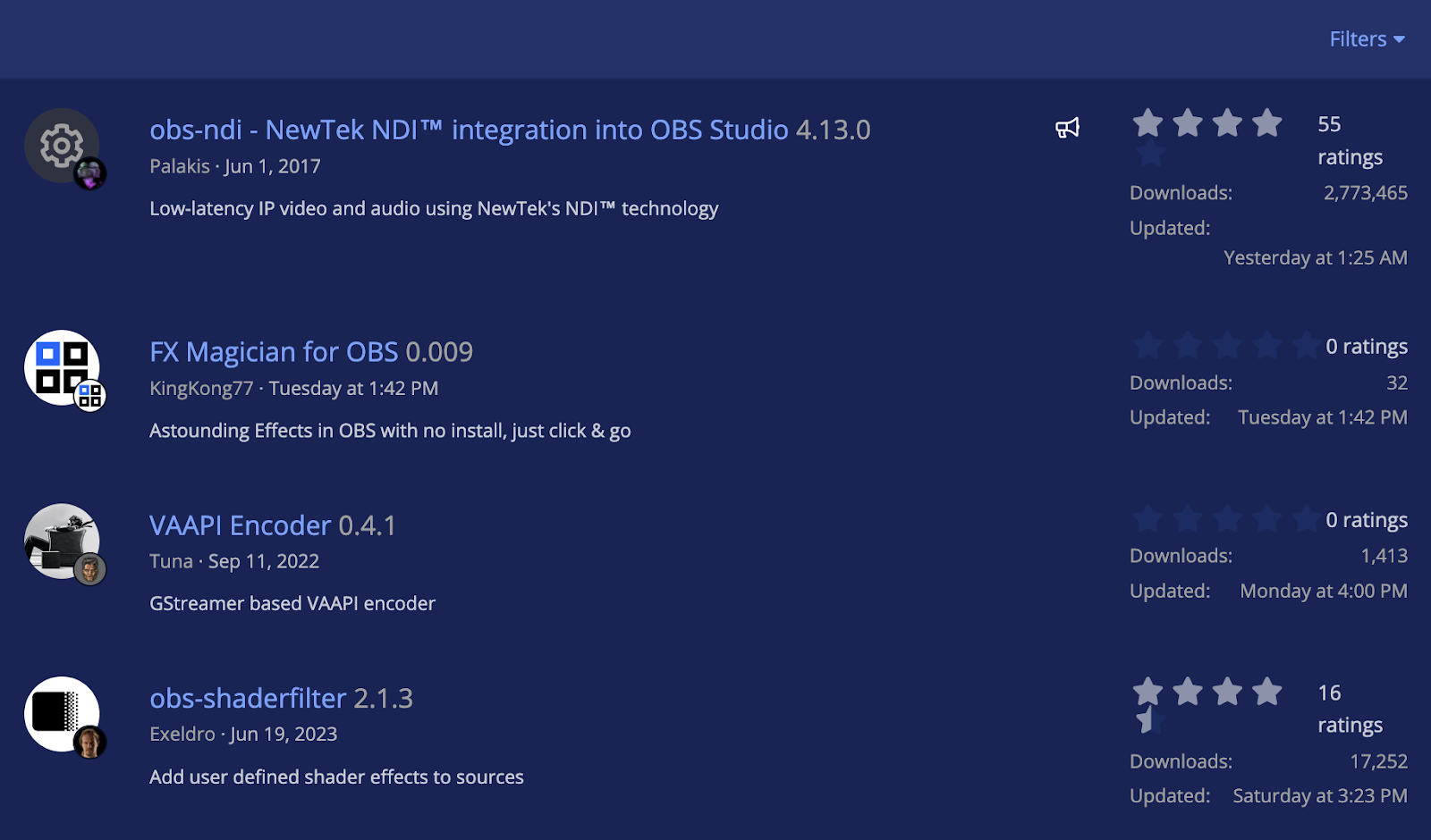 Screenshot of available plugins for OBS