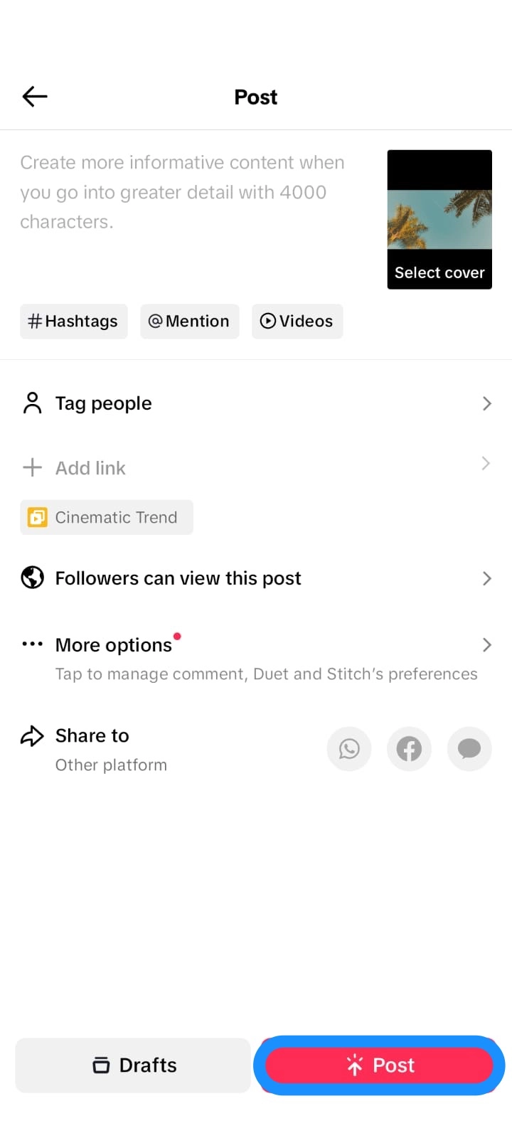 Image of user’s last screen before posting a TikTok slideshow video
