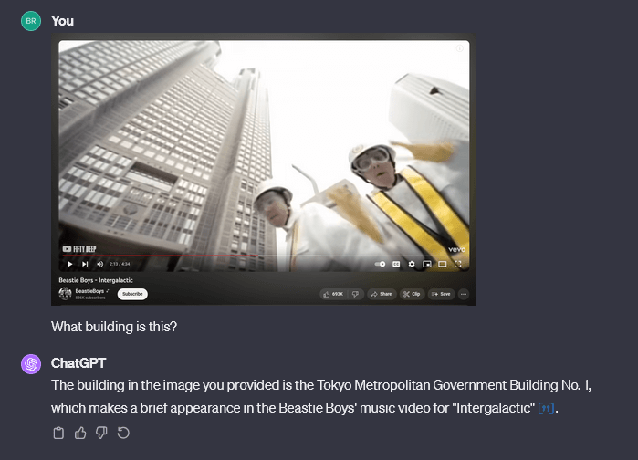 Image of a Beastie Boys music video with the prompt "what building is this" and a correct response