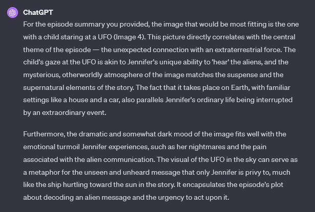 ChatGPT response about the best image for an Outer Limits episode