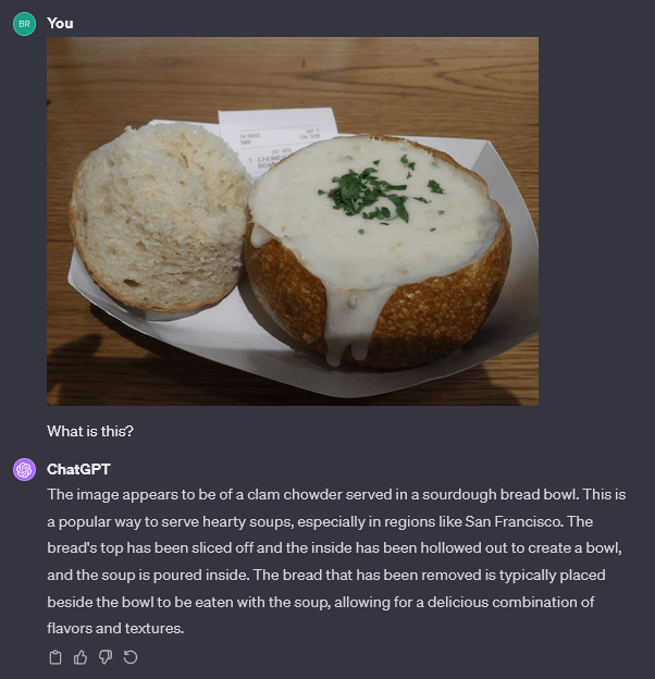 Screenshot of user asking ChatGPT to identify an image of clam chowder in a bread bowl
