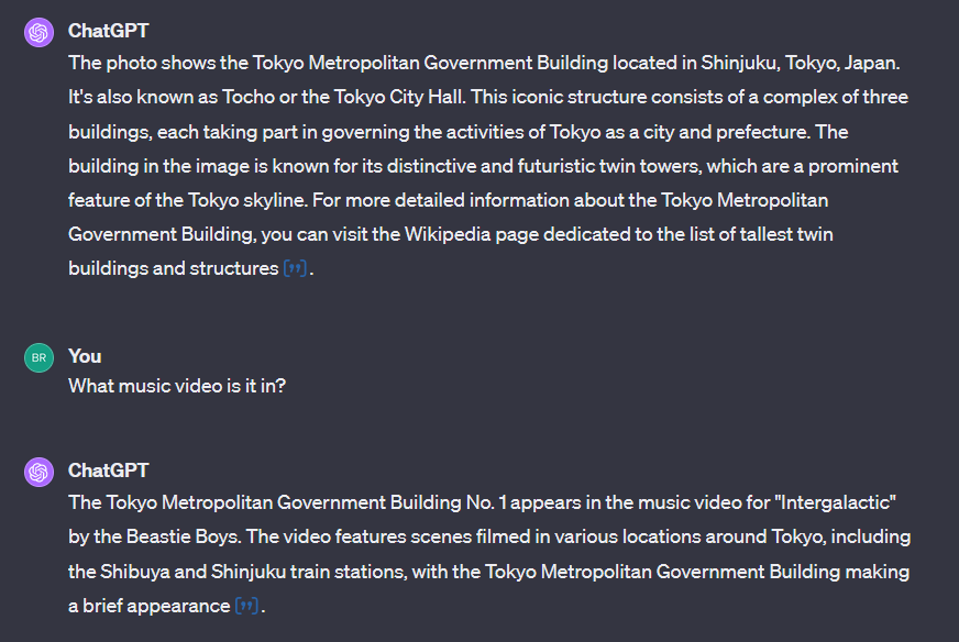 ChatGPT response identifying a building and what music video it appears in
