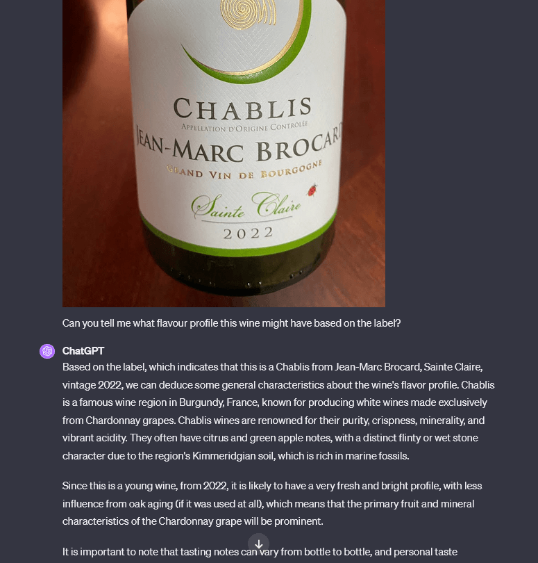 Image of a wine bottle with a ChatGPT prompt asking for tasting notes