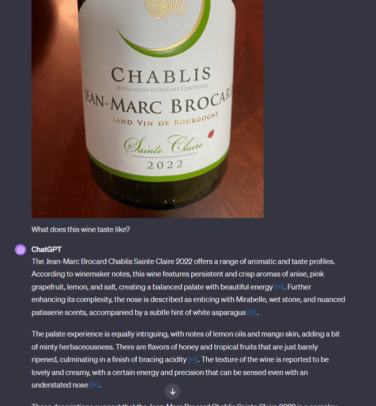 Image of a wine bottle with a ChatGPT prompt asking for what the wine tastes like