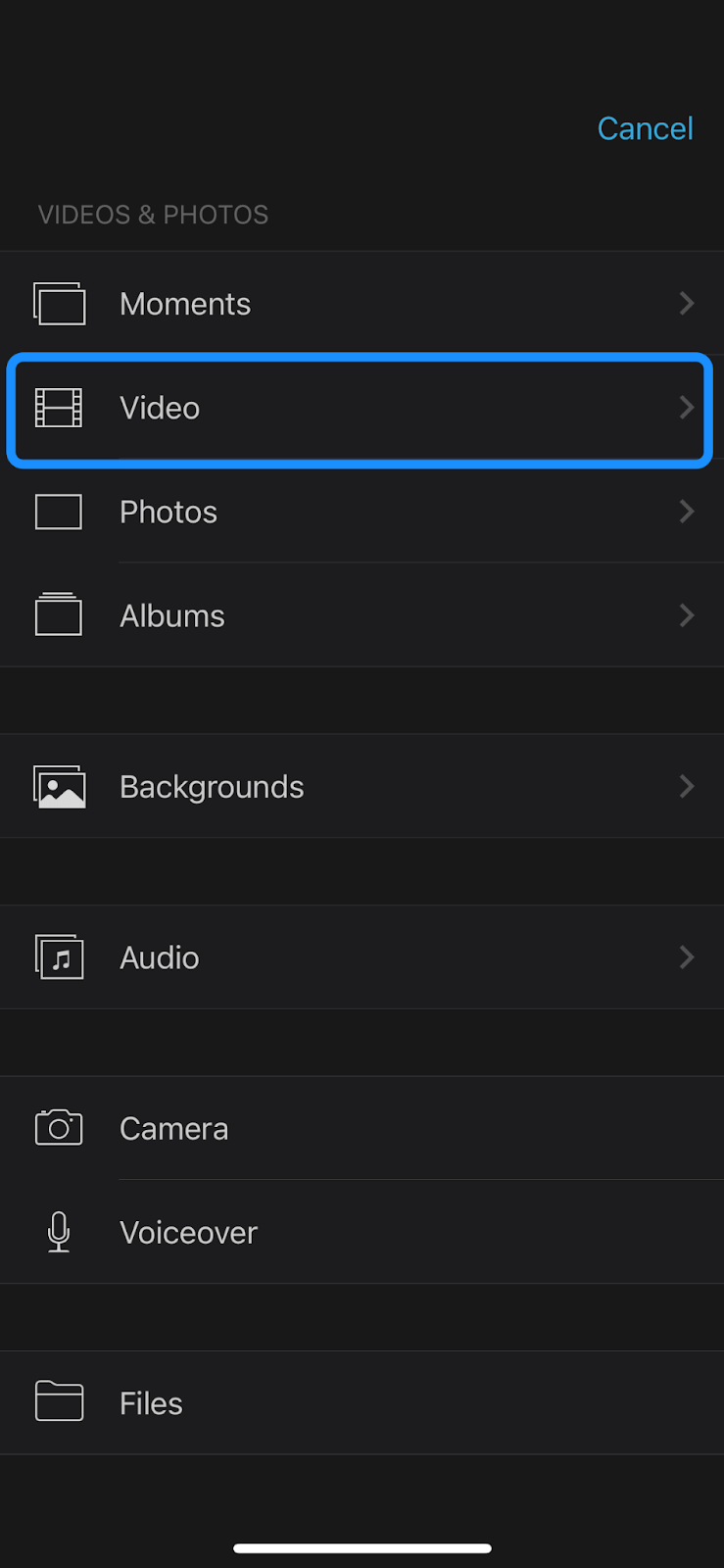 Choosing video option in iMovie