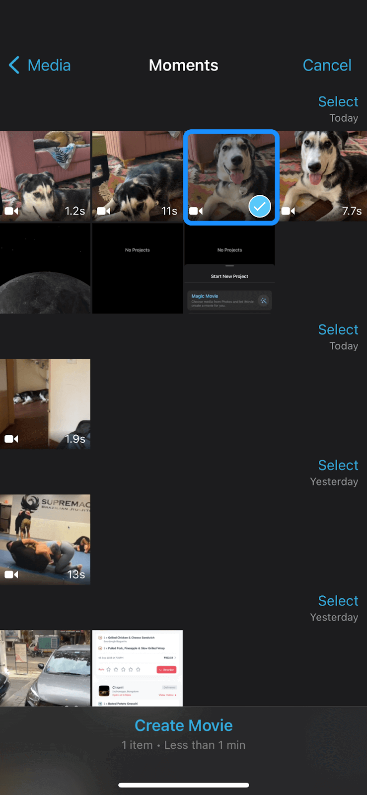 Choosing a movie from album on iPhone