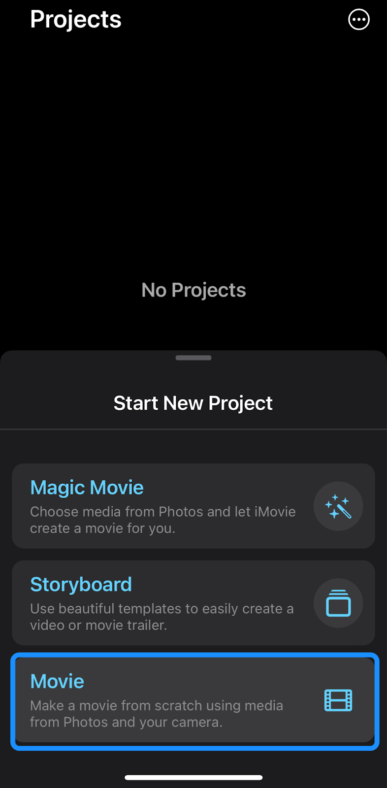 Selecting the movie option in iMovie app