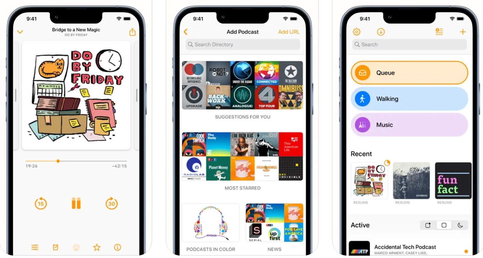 Collage of images showing the SiriusXM podcast app