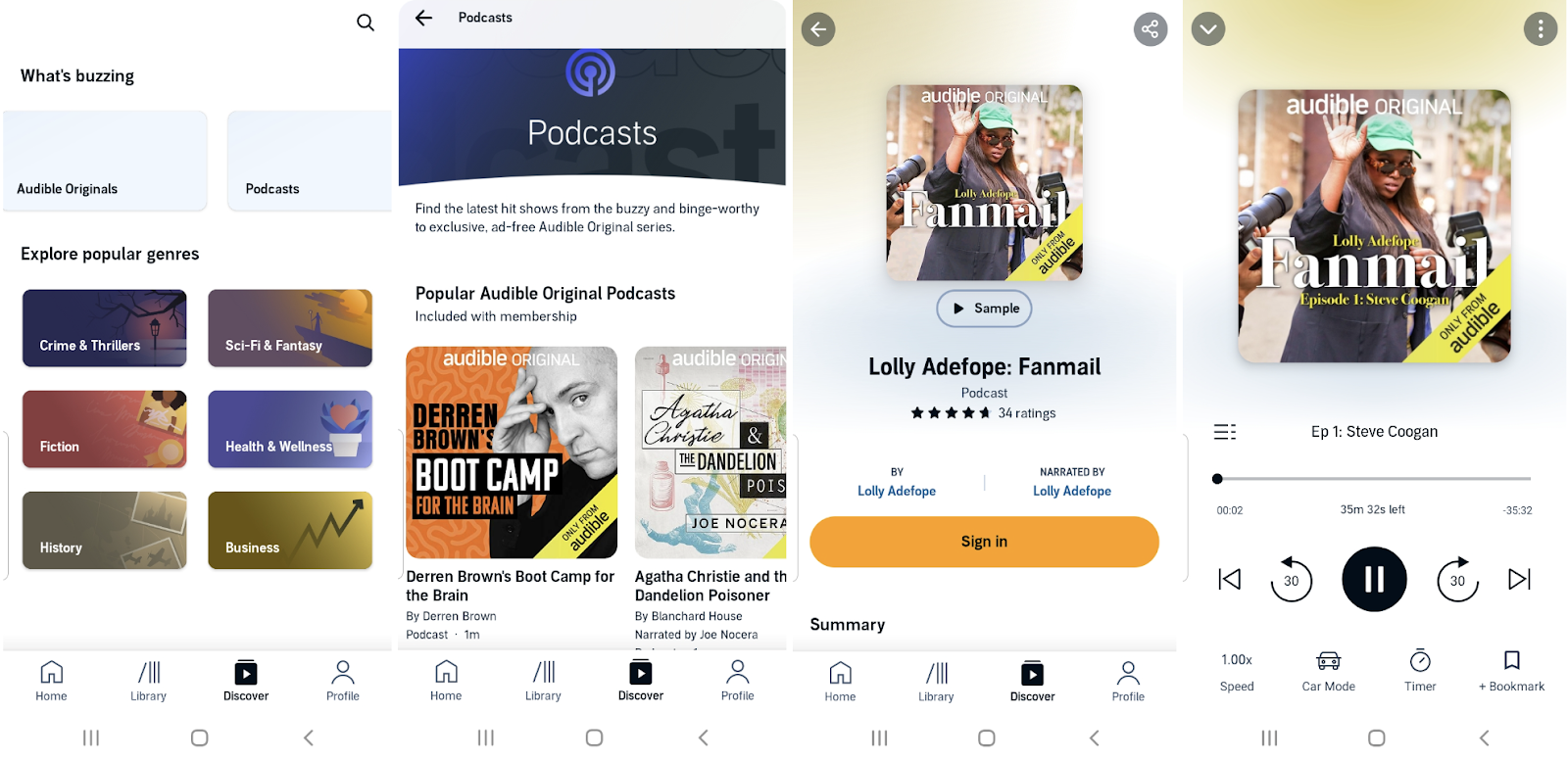 Collage of images showing the Audible podcast app