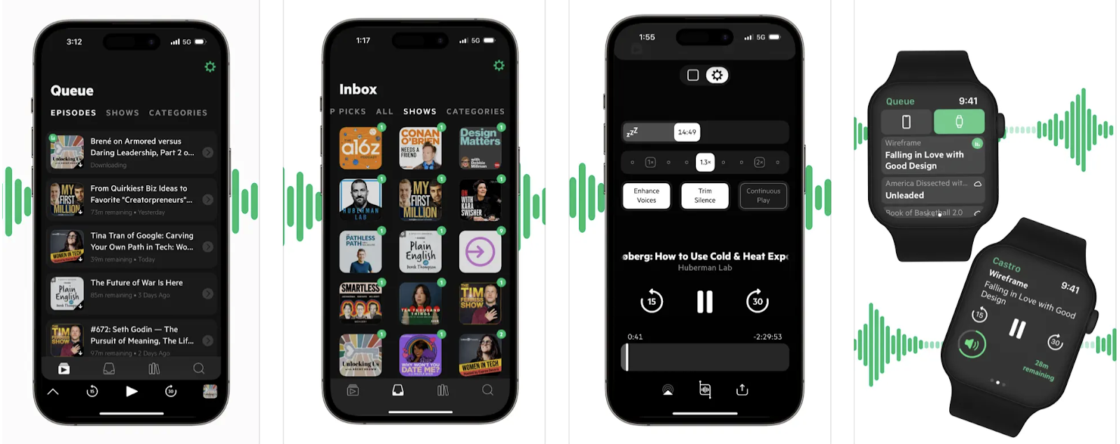 Collage of images showing the Castro podcast app