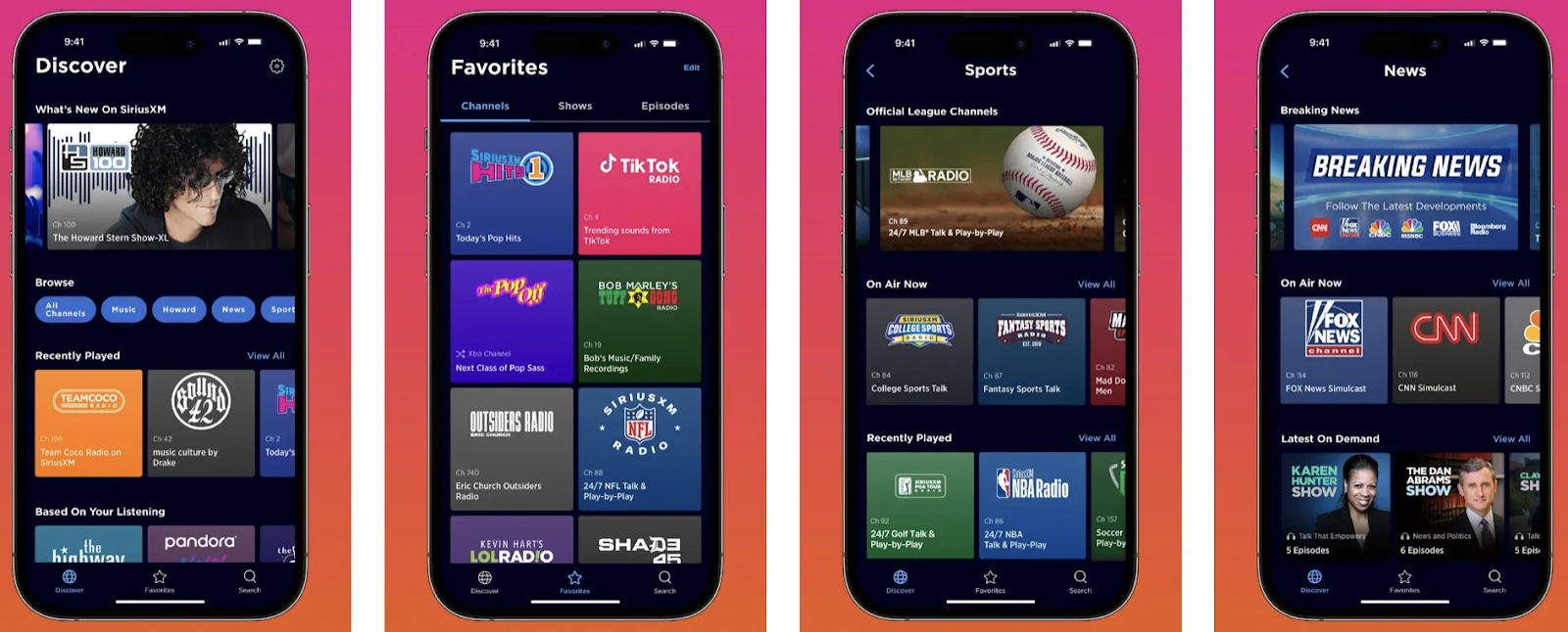 Collage of images showing the SiriusXM podcast app