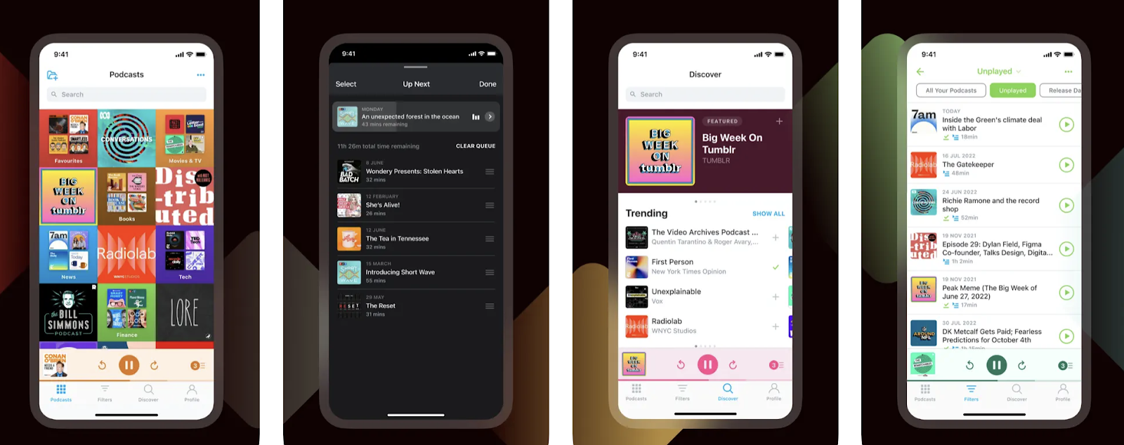 Collage of images showing the Pocket Casts podcast app