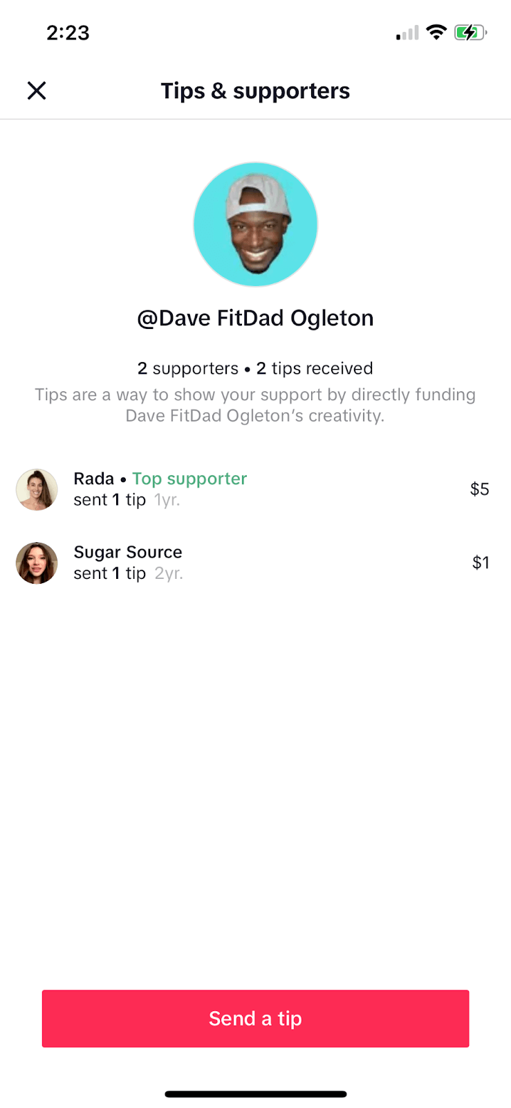 Screenshot of creator tips on TikTok