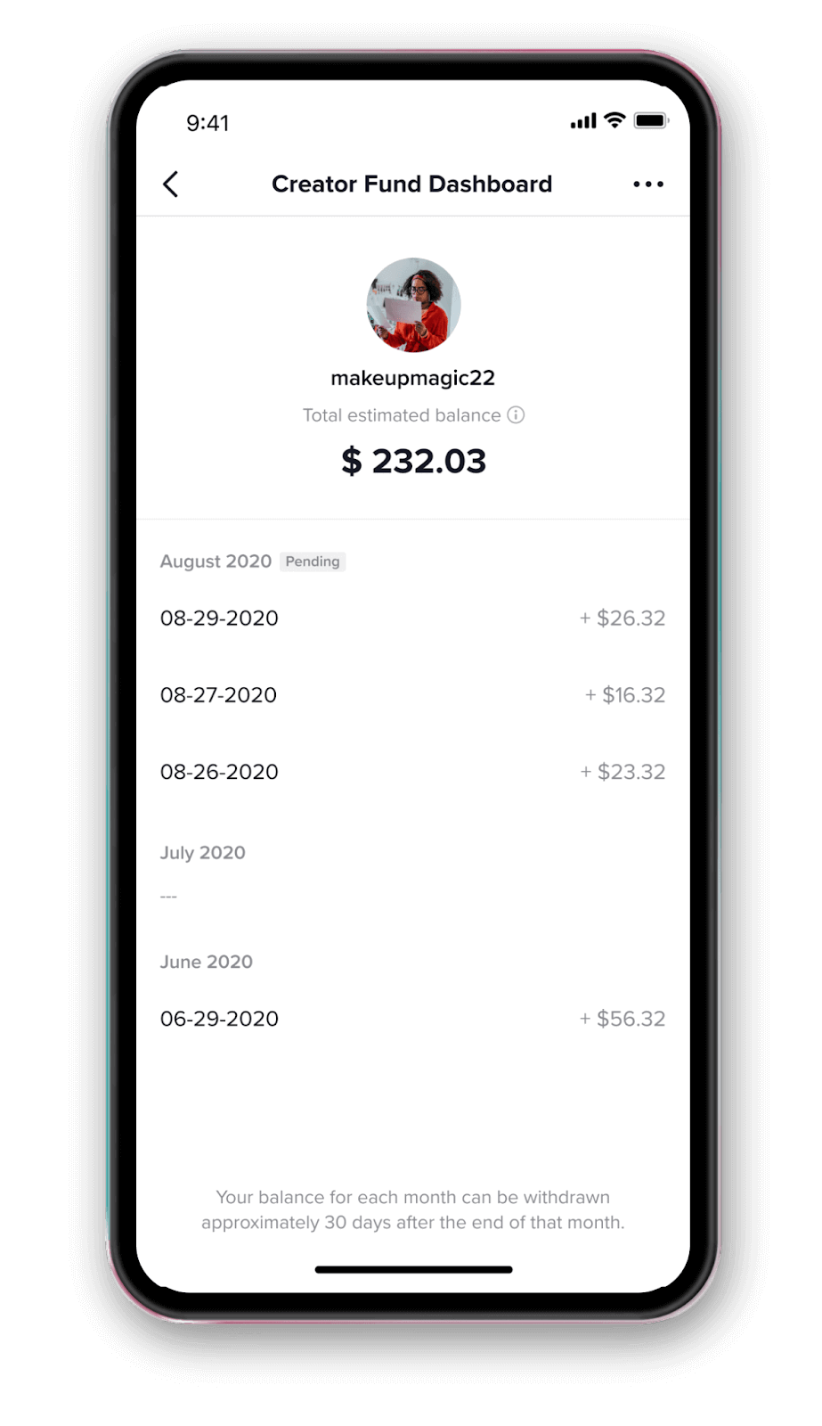Creator Fund dashboard showing earnings. 