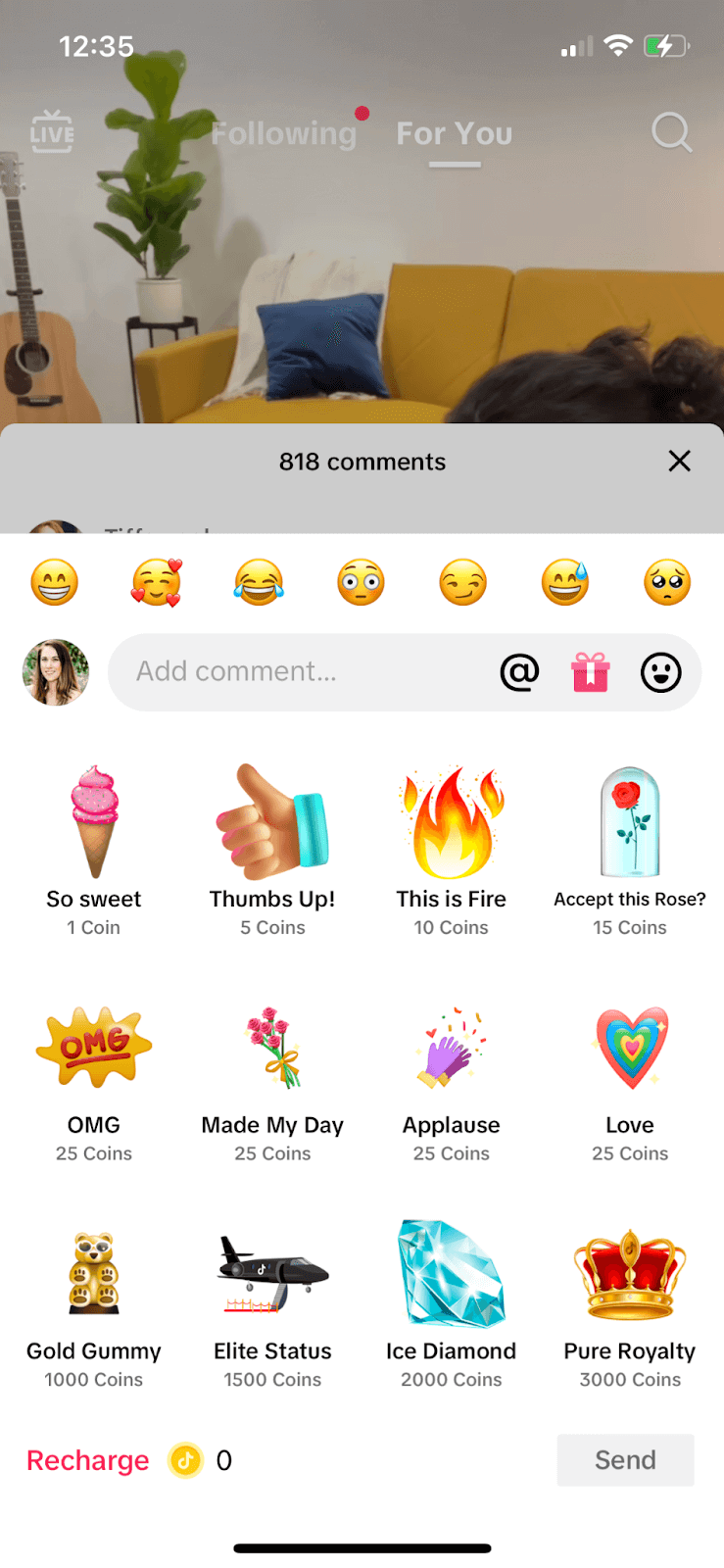 Example of gift sticker options on TikTok