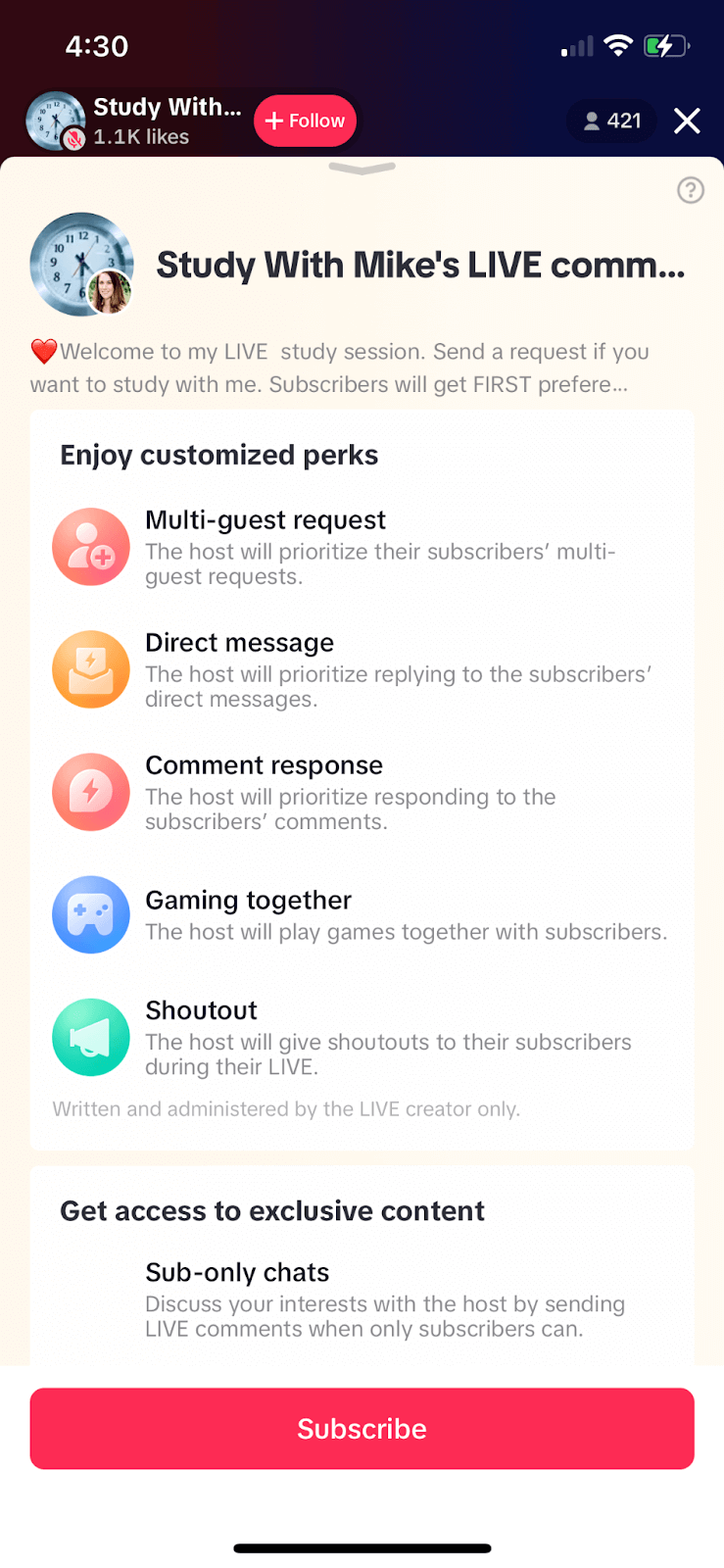 Screen showing subscription for TikTok