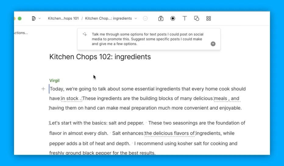 GIF showing Descript’s AI Social Post Writer tool in action