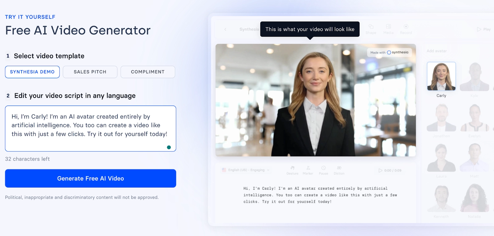 User creating an AI video using Synthesia, an AI video generator
