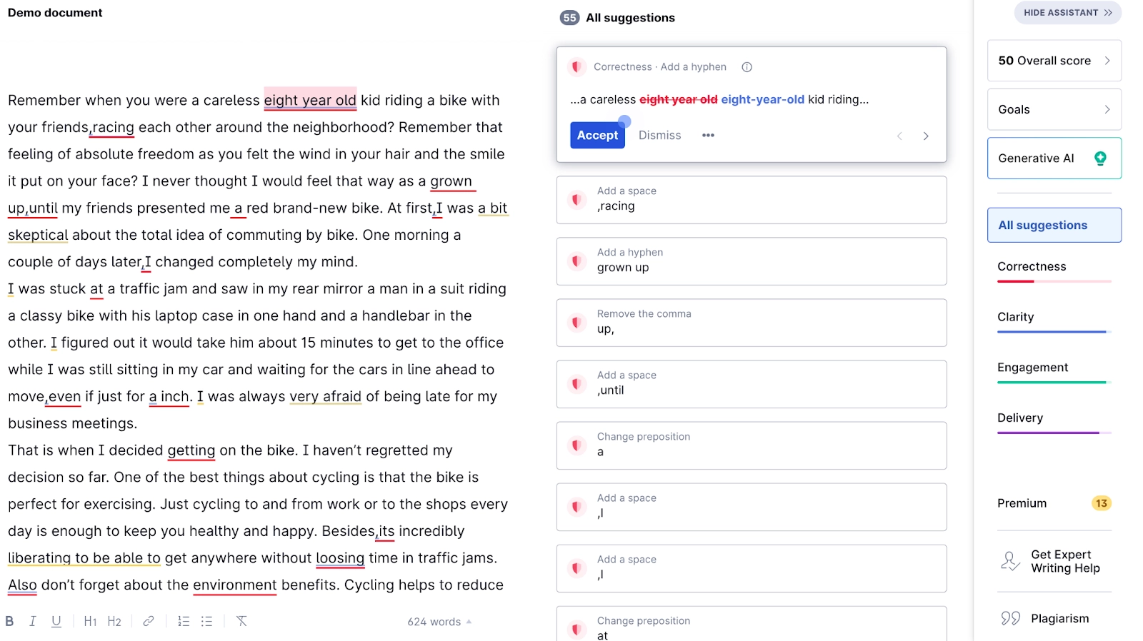 Example of user using Grammarly to edit text