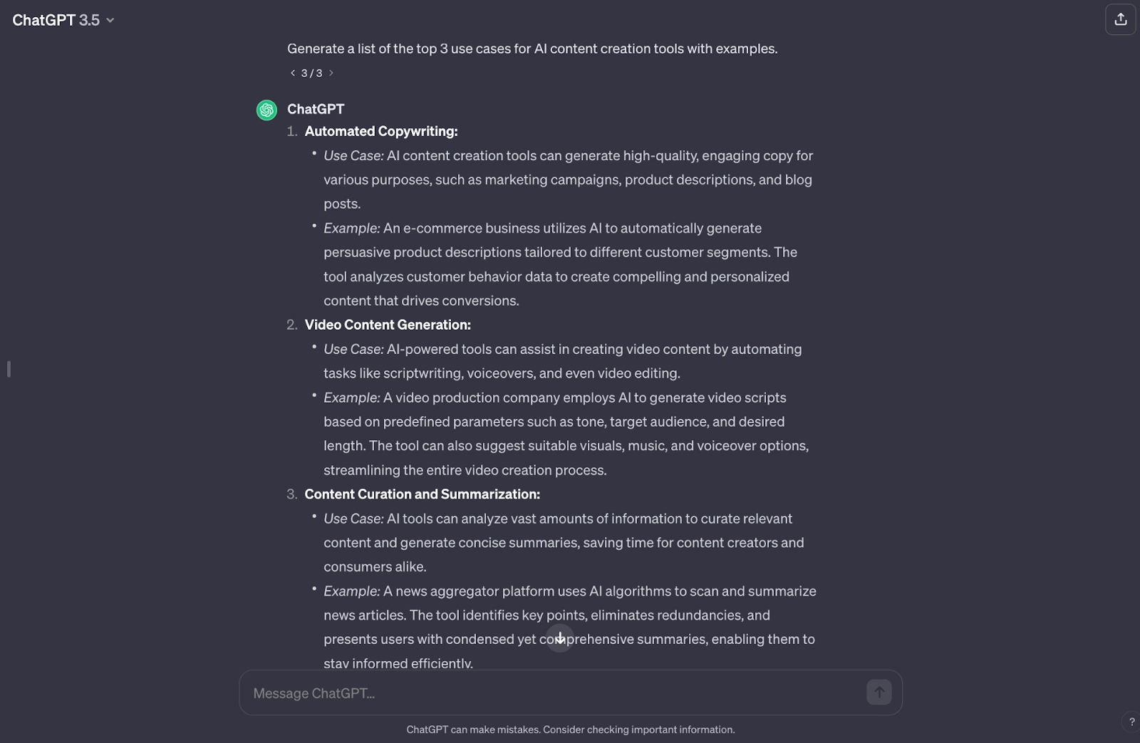 Screenshot of a ChatGPT conversation where chatbot explains AI content creation tools