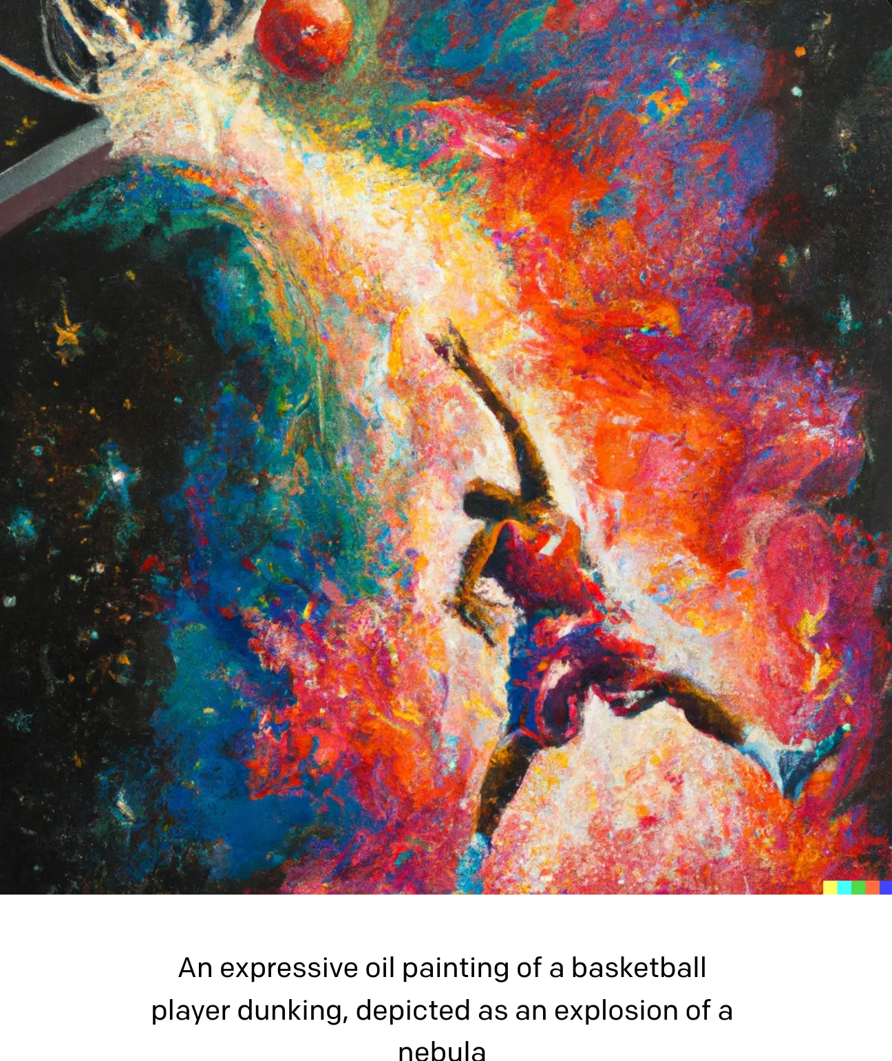 Screenshot of an oil painting of a basketball player dunking