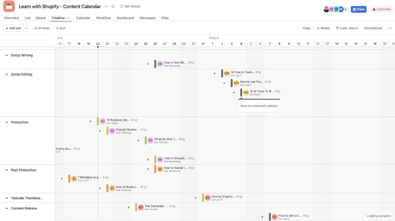 Example of using Asana to plan your video production process