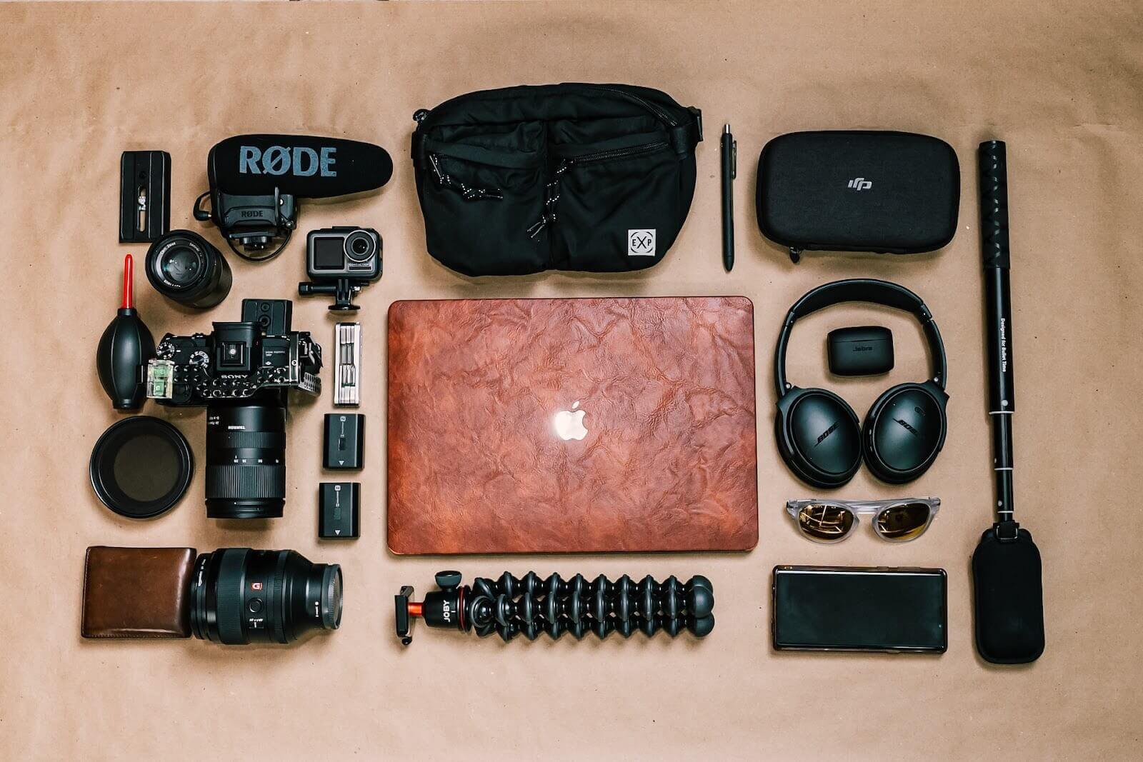 Filmmaking equipment laid out for videographer to use.