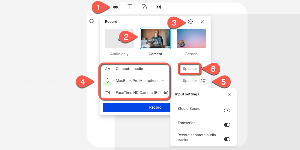 Annotated image walking user through recording a video in Descript