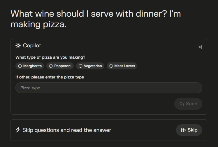 Using Perplexity Copilot to ask about wine to serve with dinner