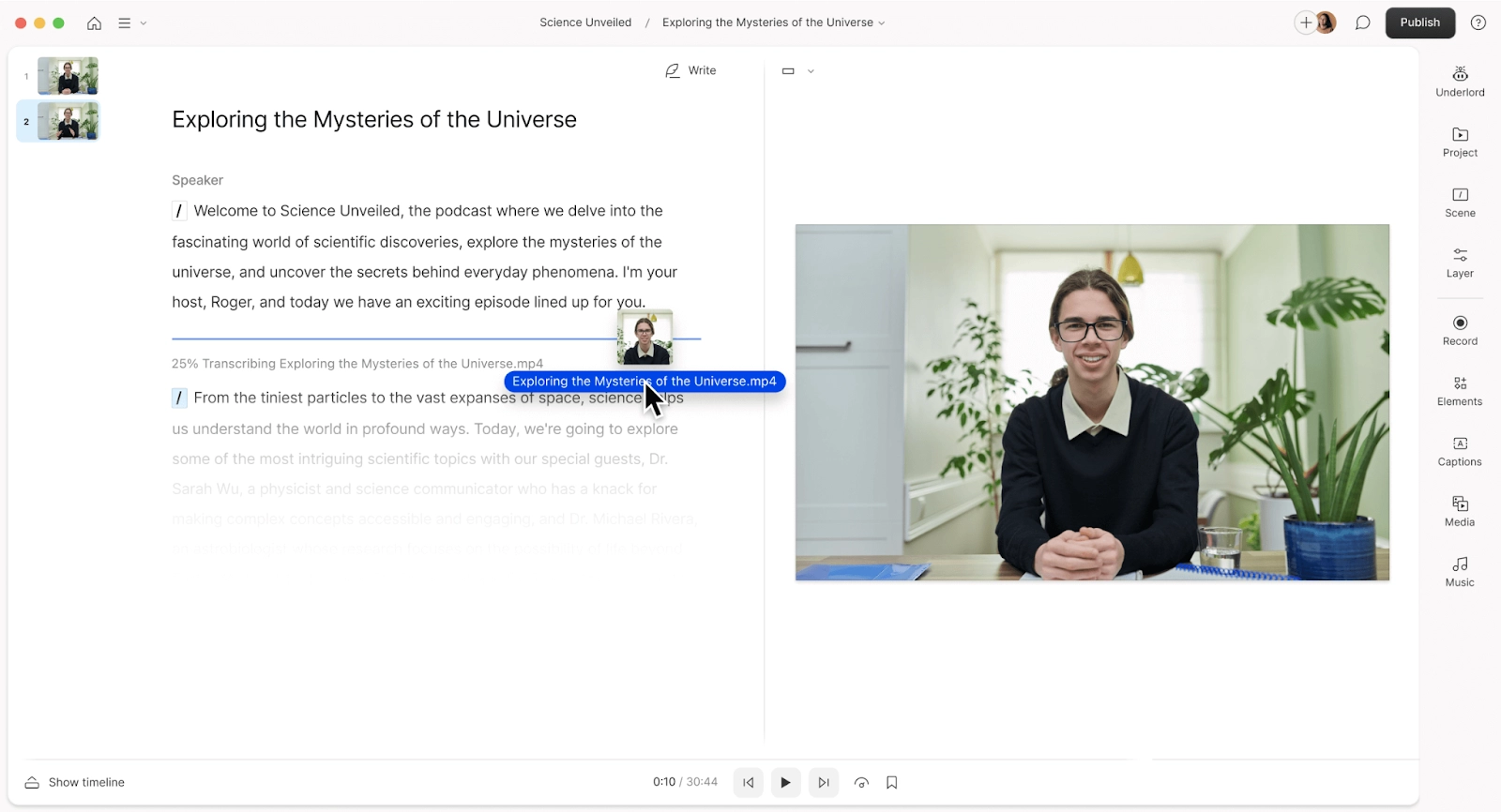 User working in a Descript transcript to translate a video 