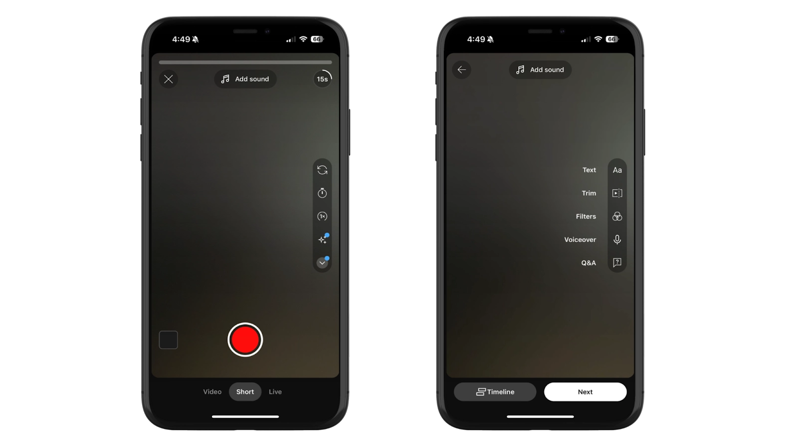 User interface for creating YouTube Shorts on a smartphone, showing recording and editing tools.
