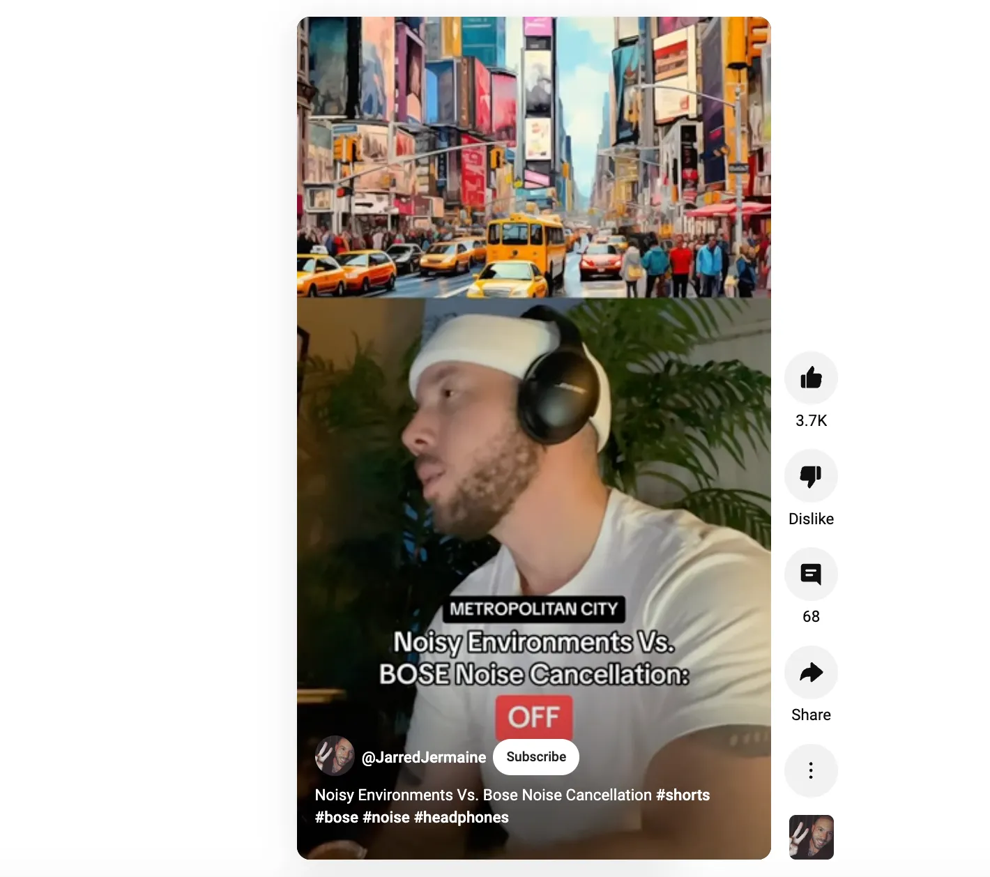Shorts creator testing Bose noise-canceling headphones in a noisy environment versus a quiet room.