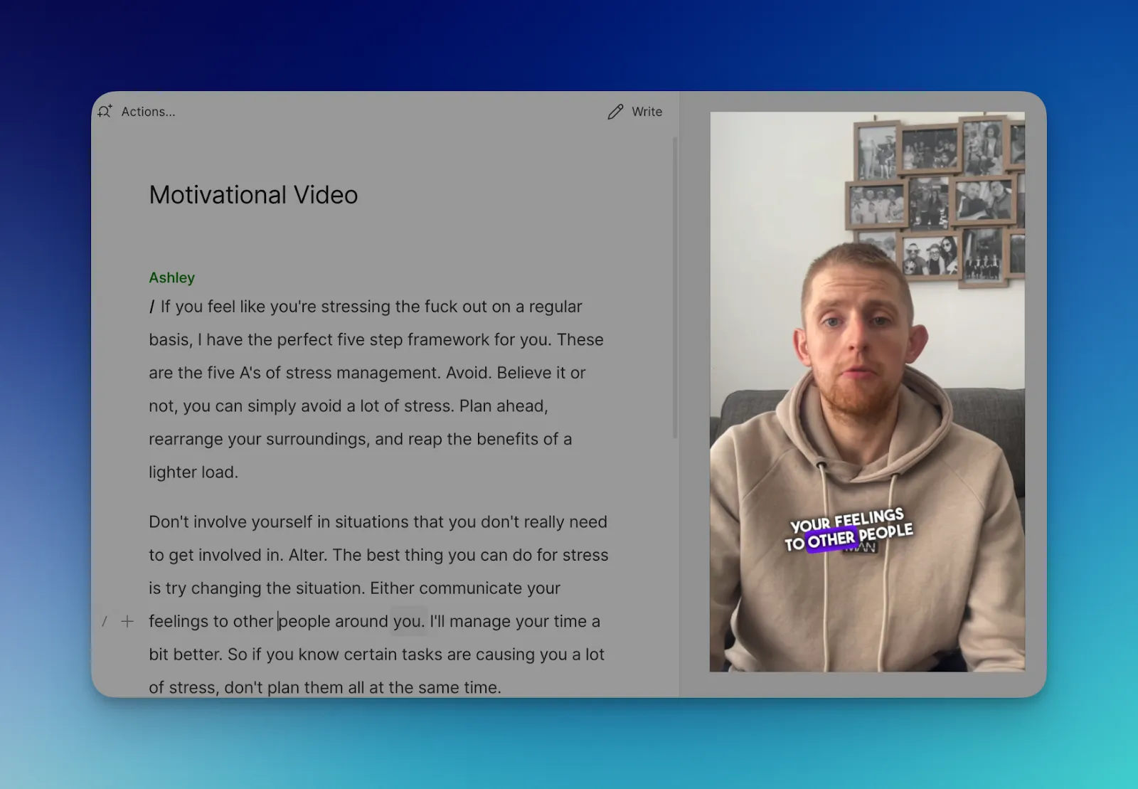 Image of Descript dashboard highlighting captions on video