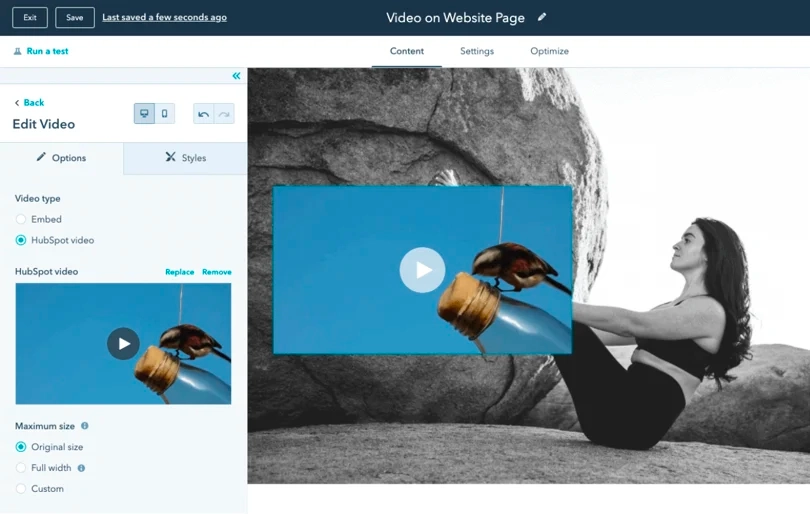 Image of HubSpot’s website builder uploading a video
