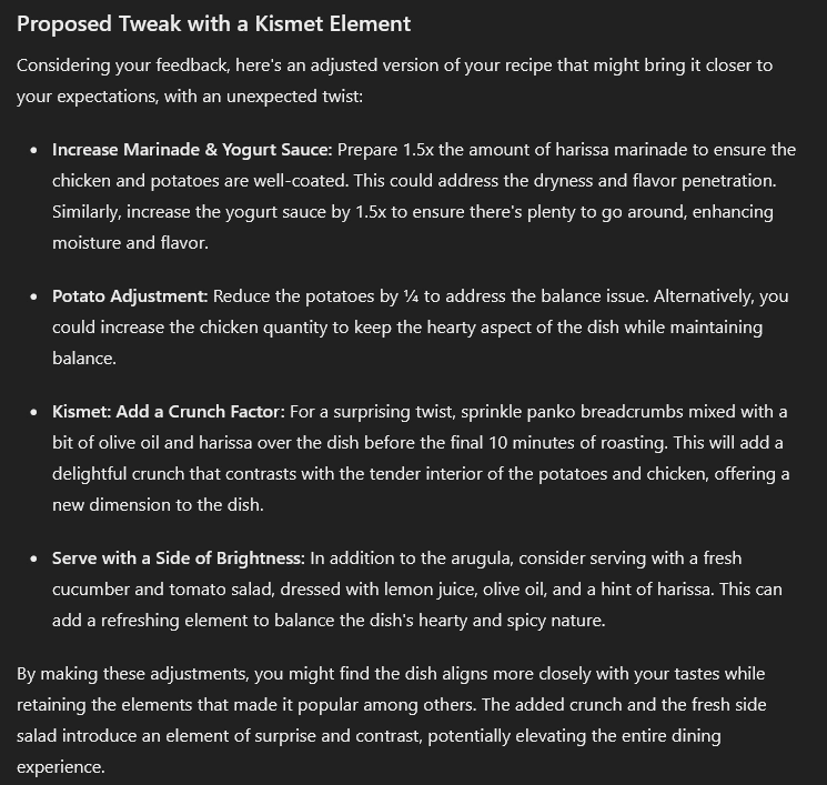 ChatGPT result suggesting tweaks to a recipe with a Kismet result as third of four bullet points