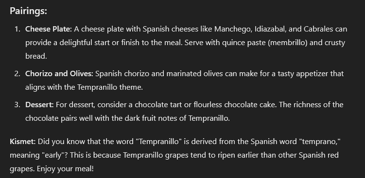 ChatGPT output with wine pairings plus a Kismet result about the word “Tempranillo”