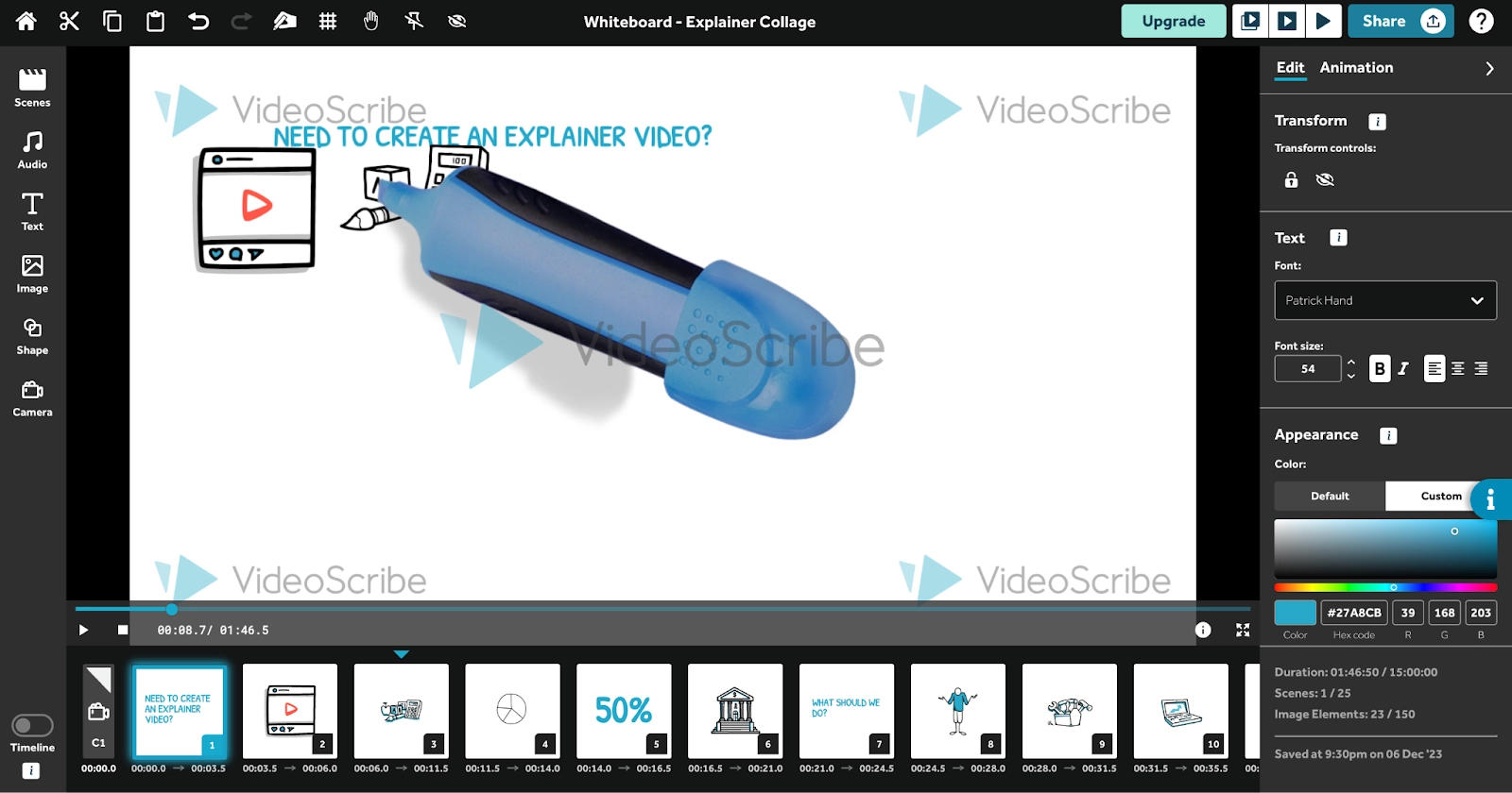 Image of explainer video software VideoScribe’s editing dashboard
