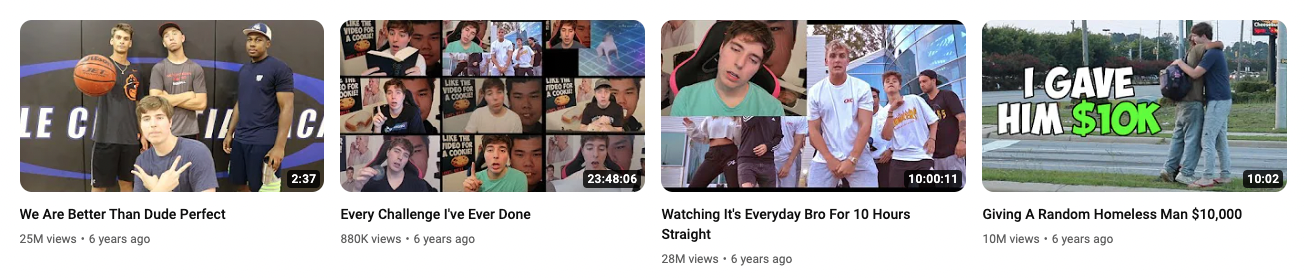Image of thumbnails from Mr.Beast six years ago