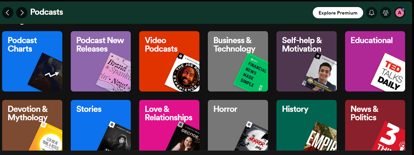 Podcast categories on Spotify
