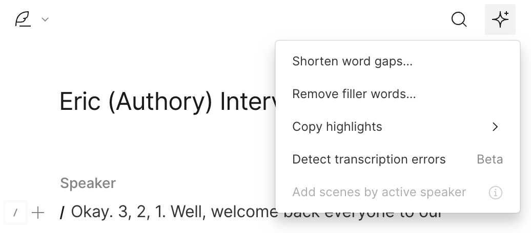 Image of Descript’s filler word removal tool
