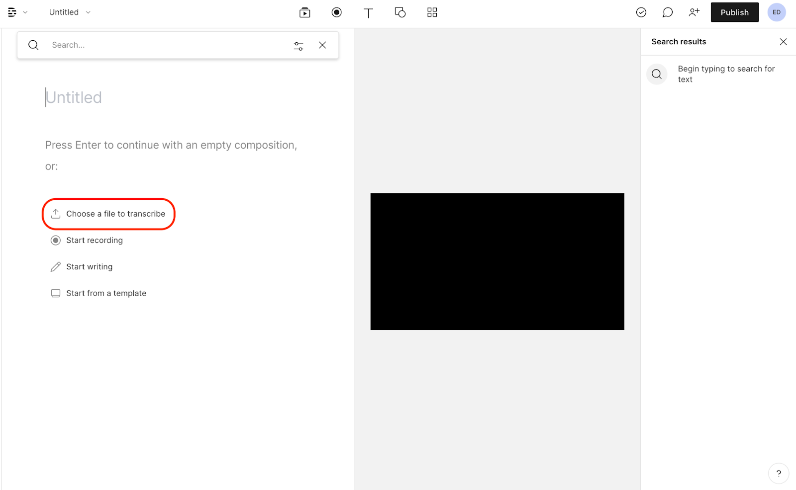Image of Descript dashboard before uploading video file.