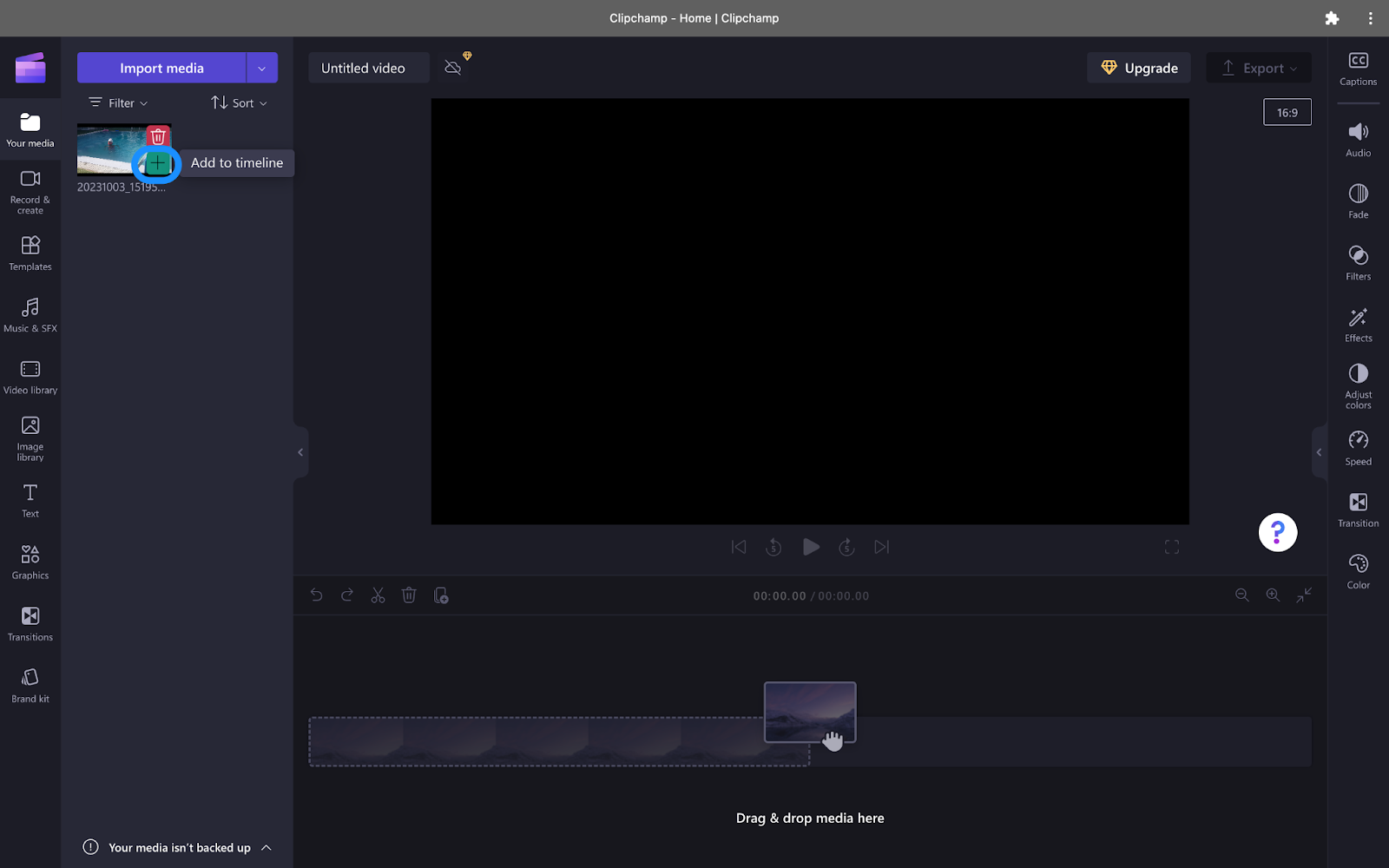 Selecting the Add to timeline option in Clipchamp