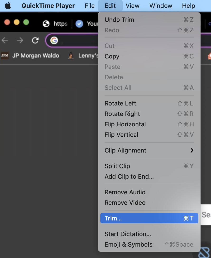 Choosing the Trim option in QuickTime Player
