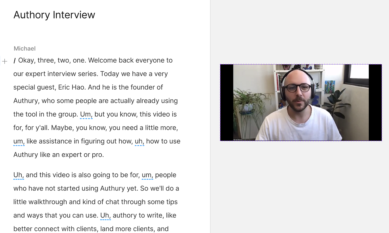 Image of transcript auto generated by Descript from video file
