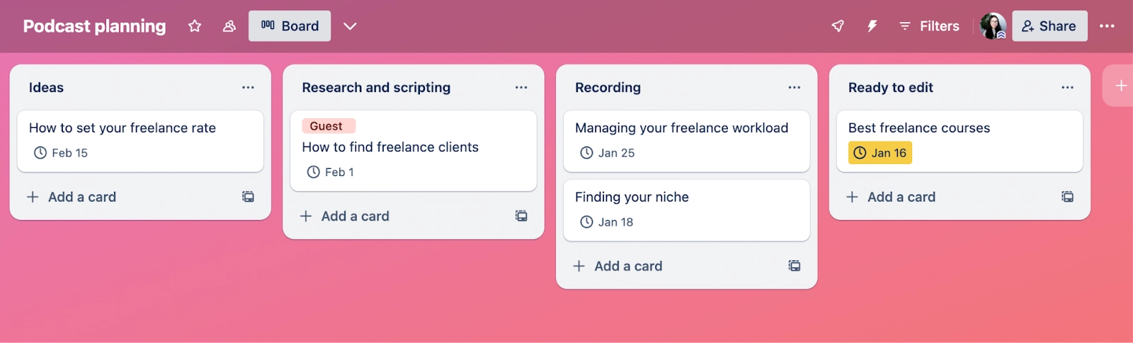 Image of Trello board used for podcast planning