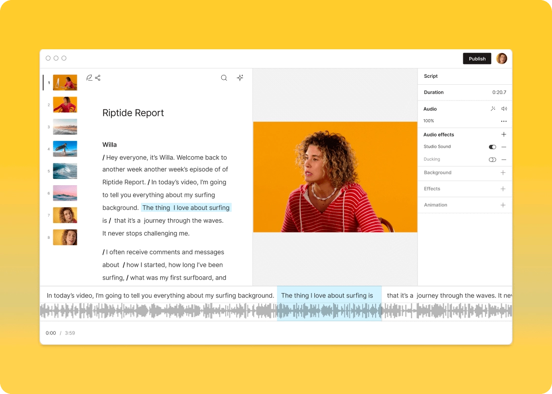 Image of Descript interface highlighting the Timeline