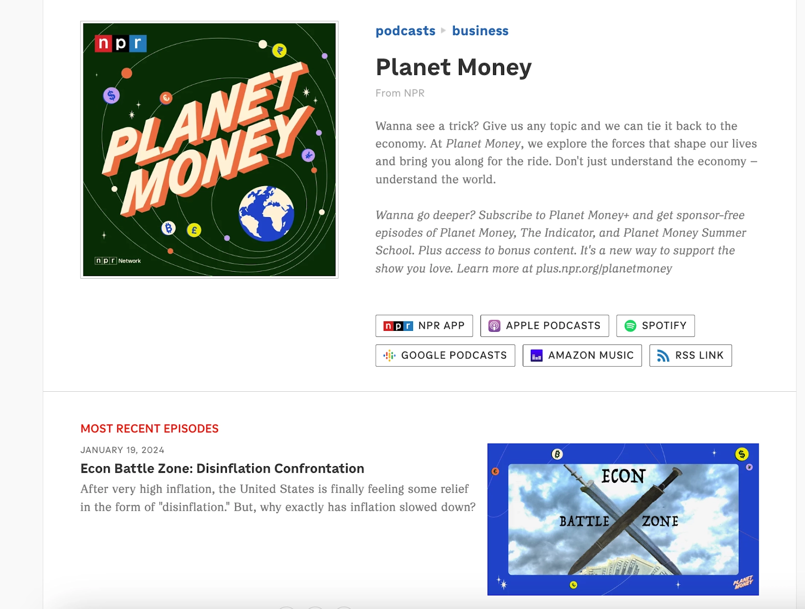 Screenshot of Planet Money’s podcast page