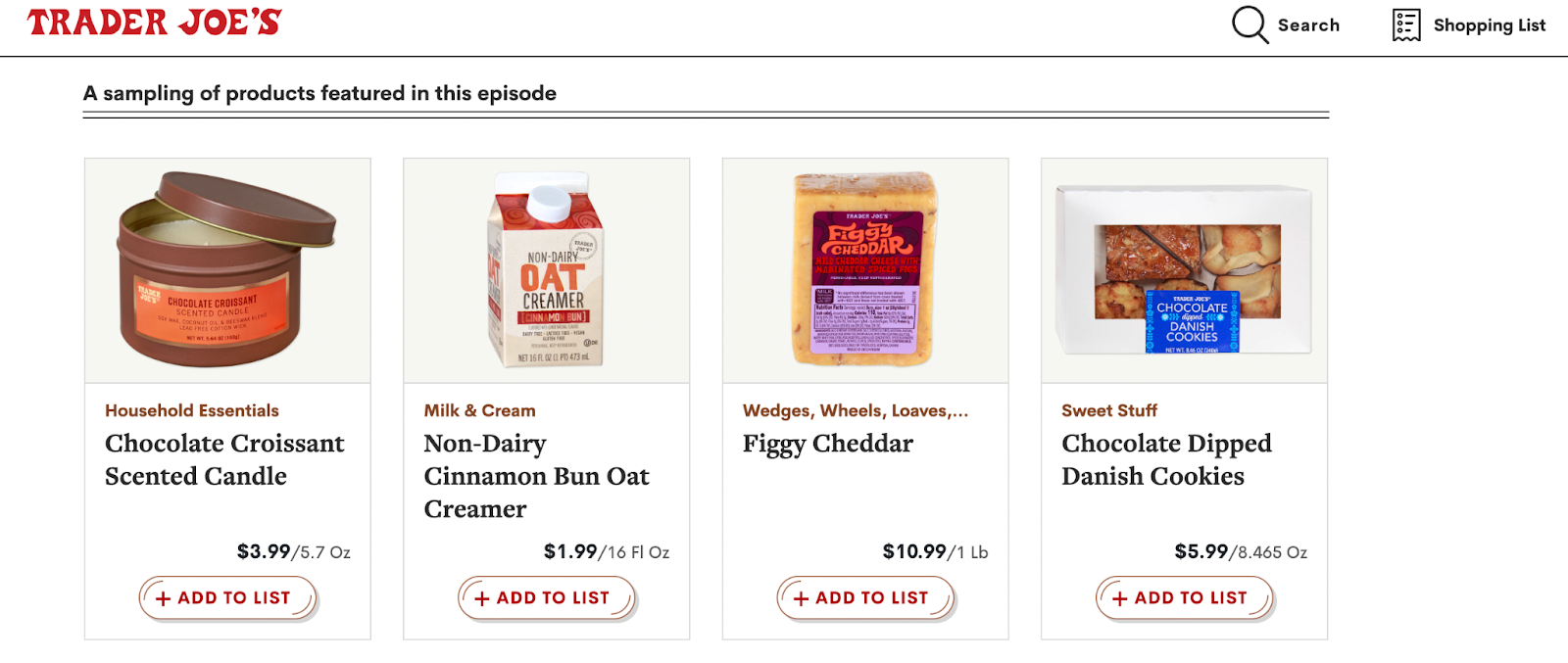  Image of products Trader Joe’s features in its branded podcast